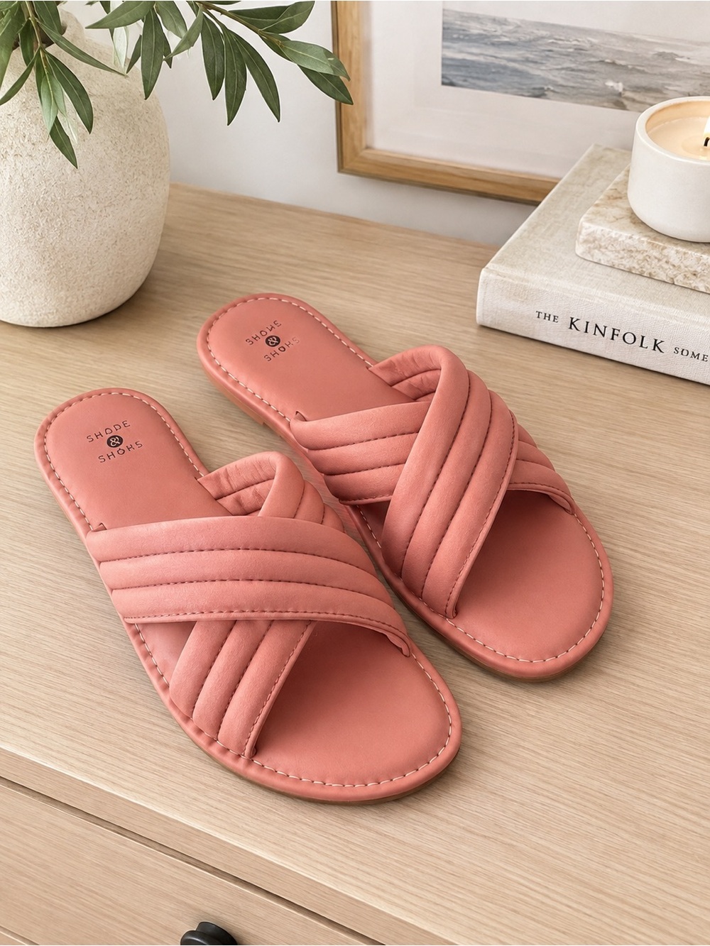 Shade & Shore Women's Pink Slide Sandals Solid Slip on Open Toe Flip Flops Maxie